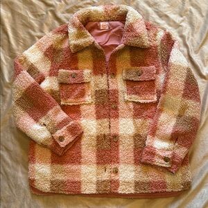 Plaid Sherpa Shacket in Pink and Cream